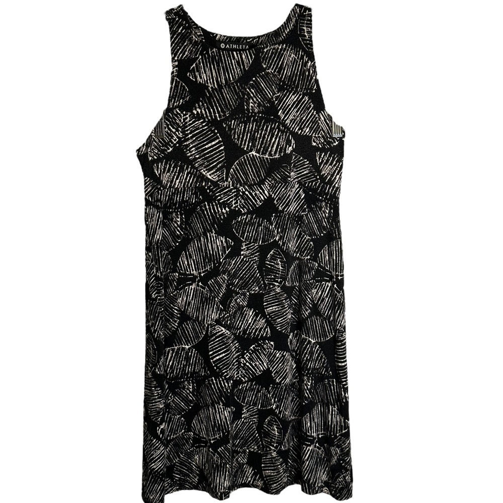 Athleta High Neck Santorini Swing Dress‎ Black White Leaf Print #210914-09 SP